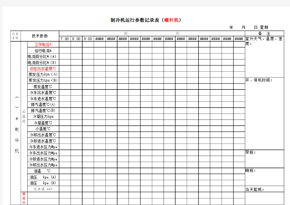 制冷机运行参数记录表(螺杆机)