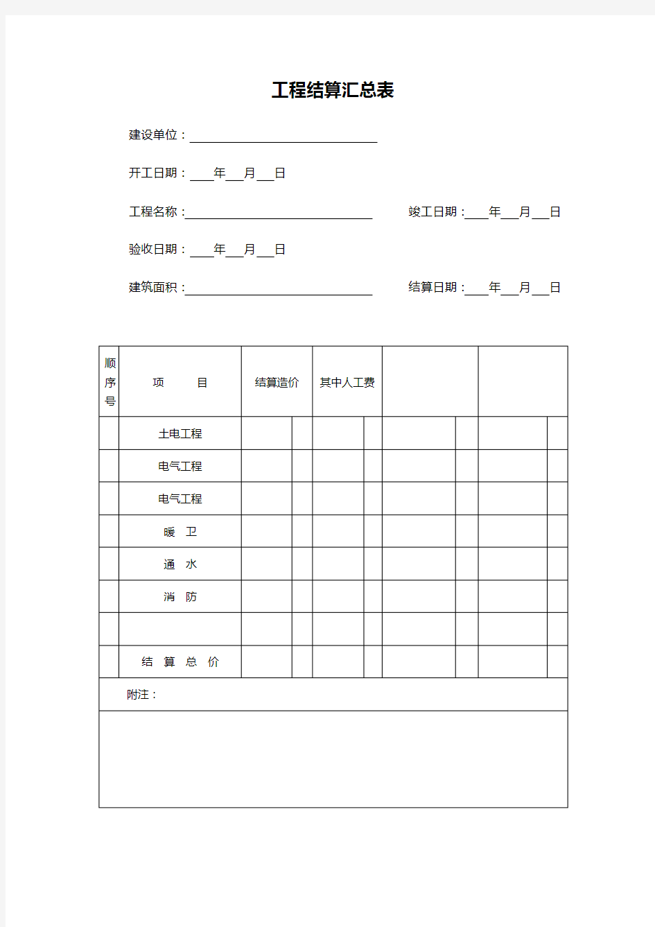 工程结算汇总表