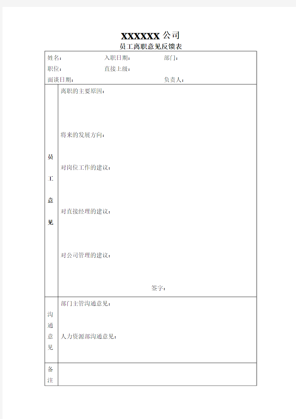 模板：离职员工意见反馈表