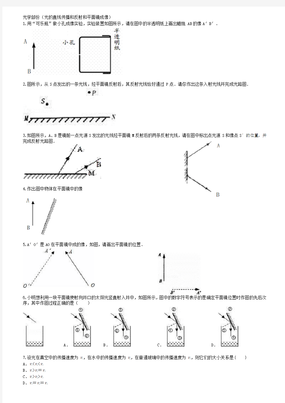 光的反射和平面镜成像专项练习题