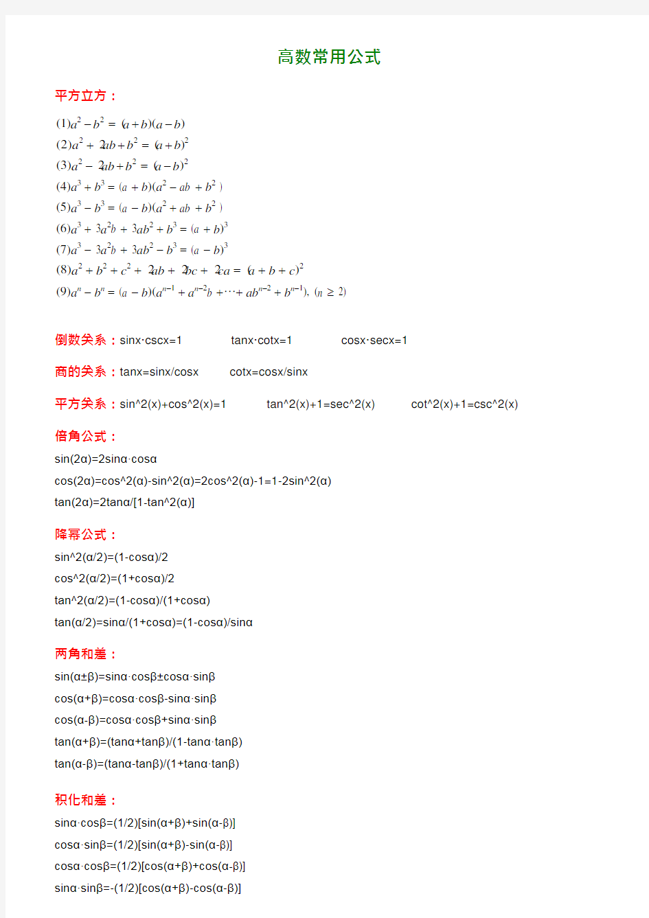 高等数学常用公式汇总————(可编辑修改word版)