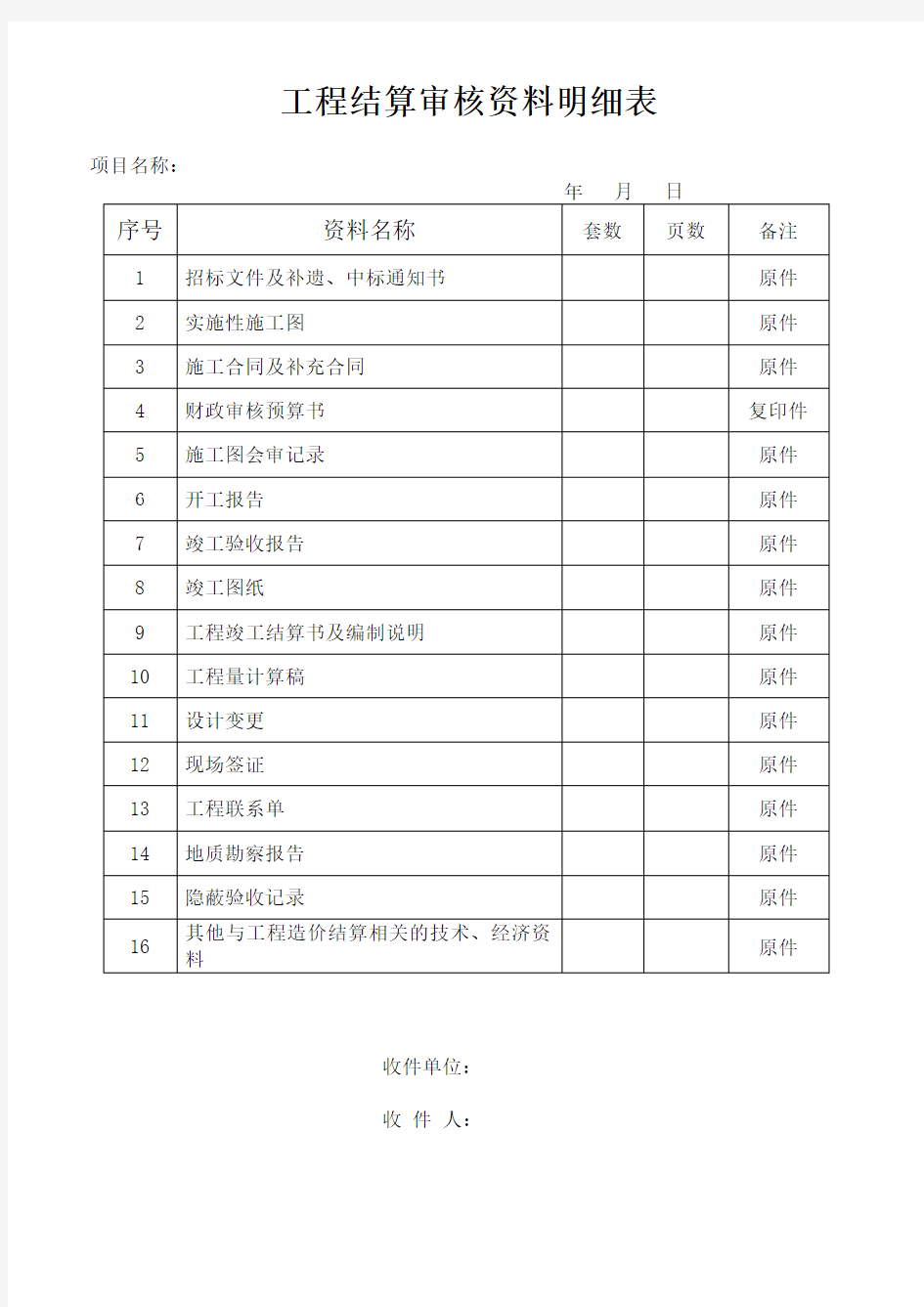 工程结算审核明细表