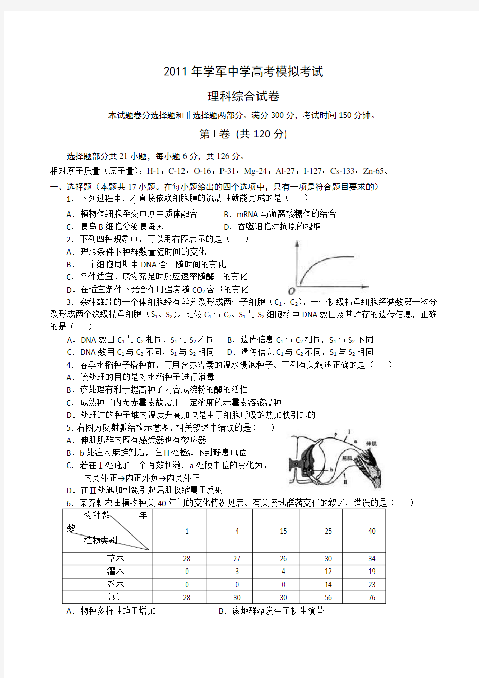 浙江省学军中学高三高考模拟考试题理综