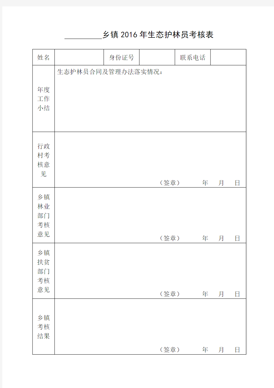 乡镇2016年生态护林员考核表