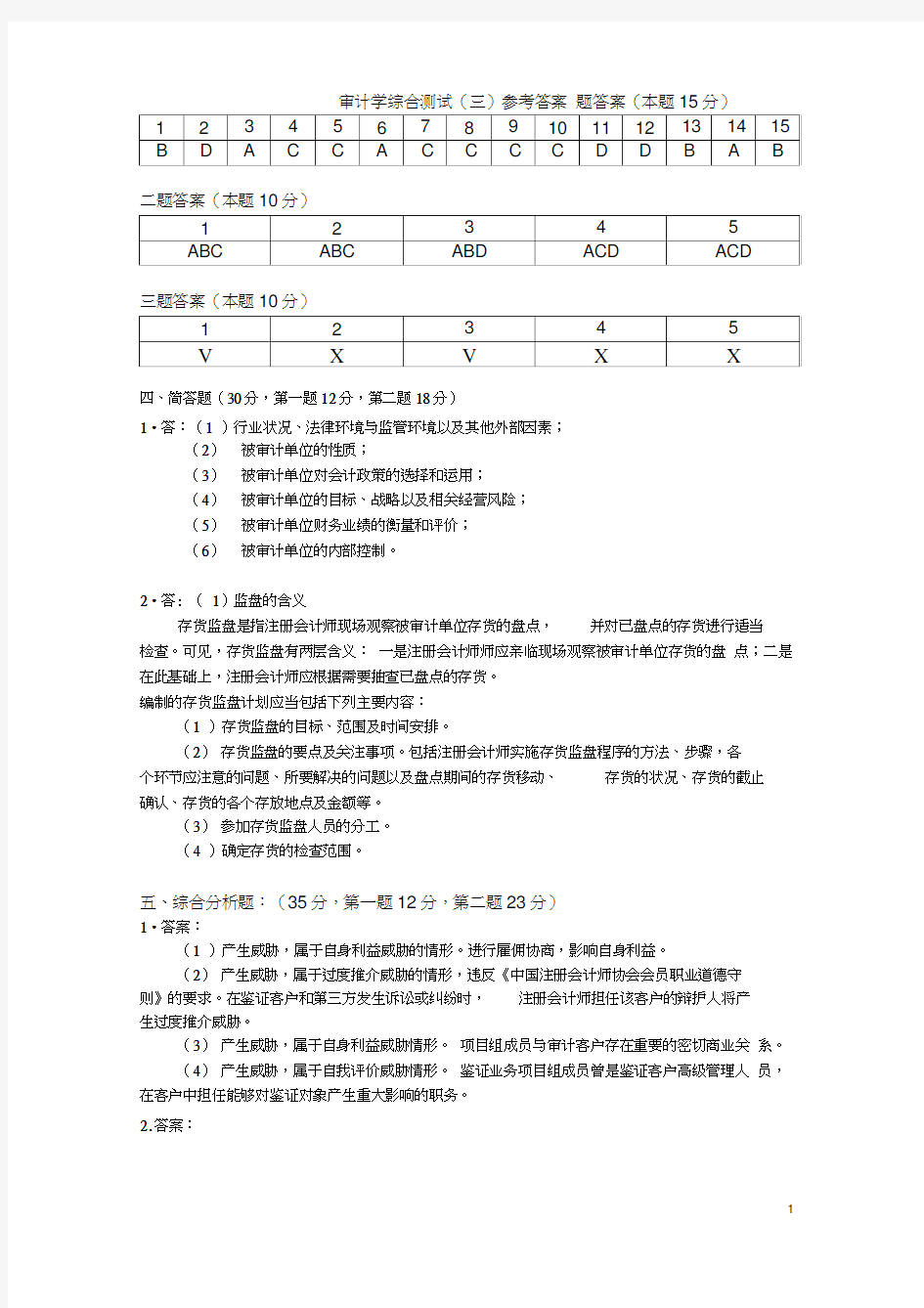 审计学综合测试三答案