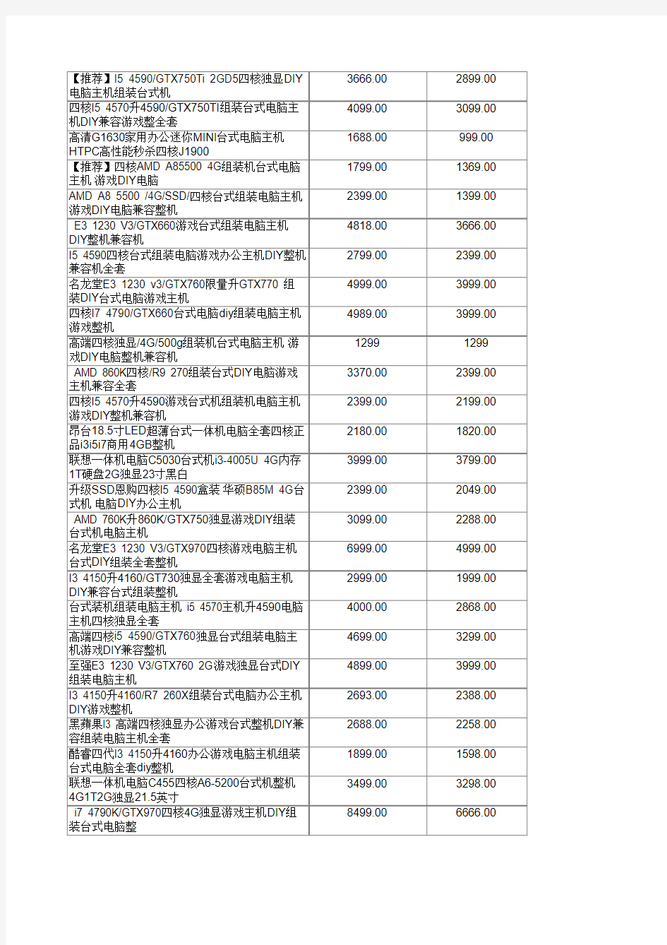 组装台式电脑报价单