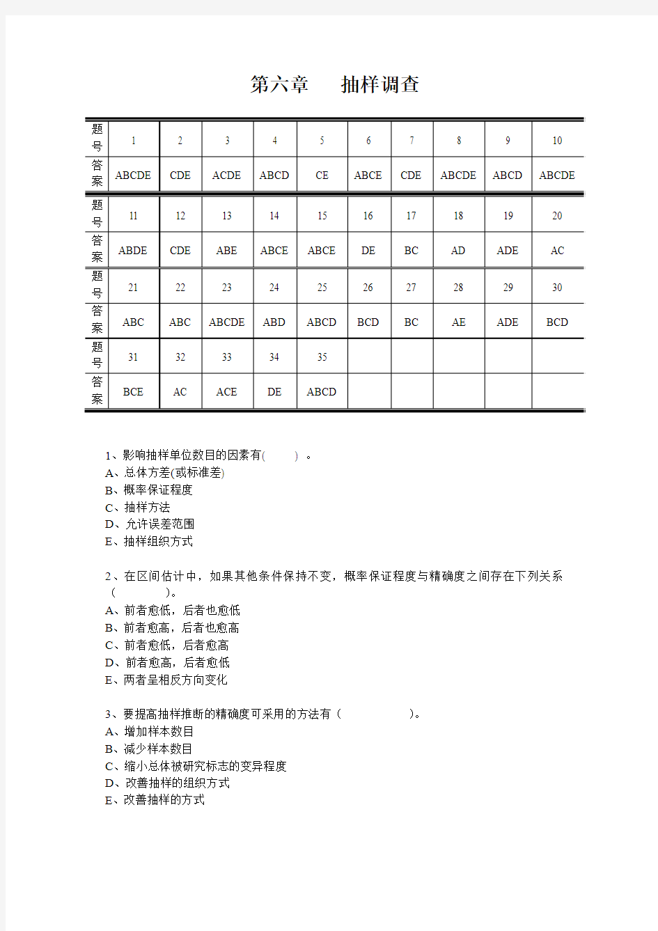 统计学原理多项选择题06--第六章 抽样调查