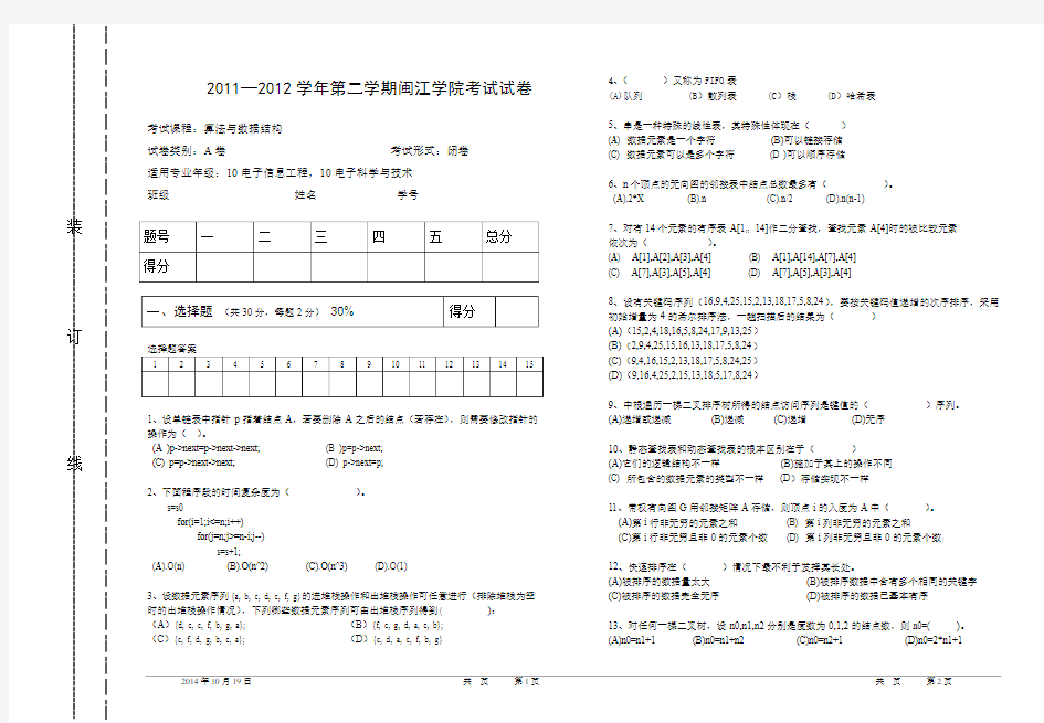 2012 10级算法与数据结构  A卷