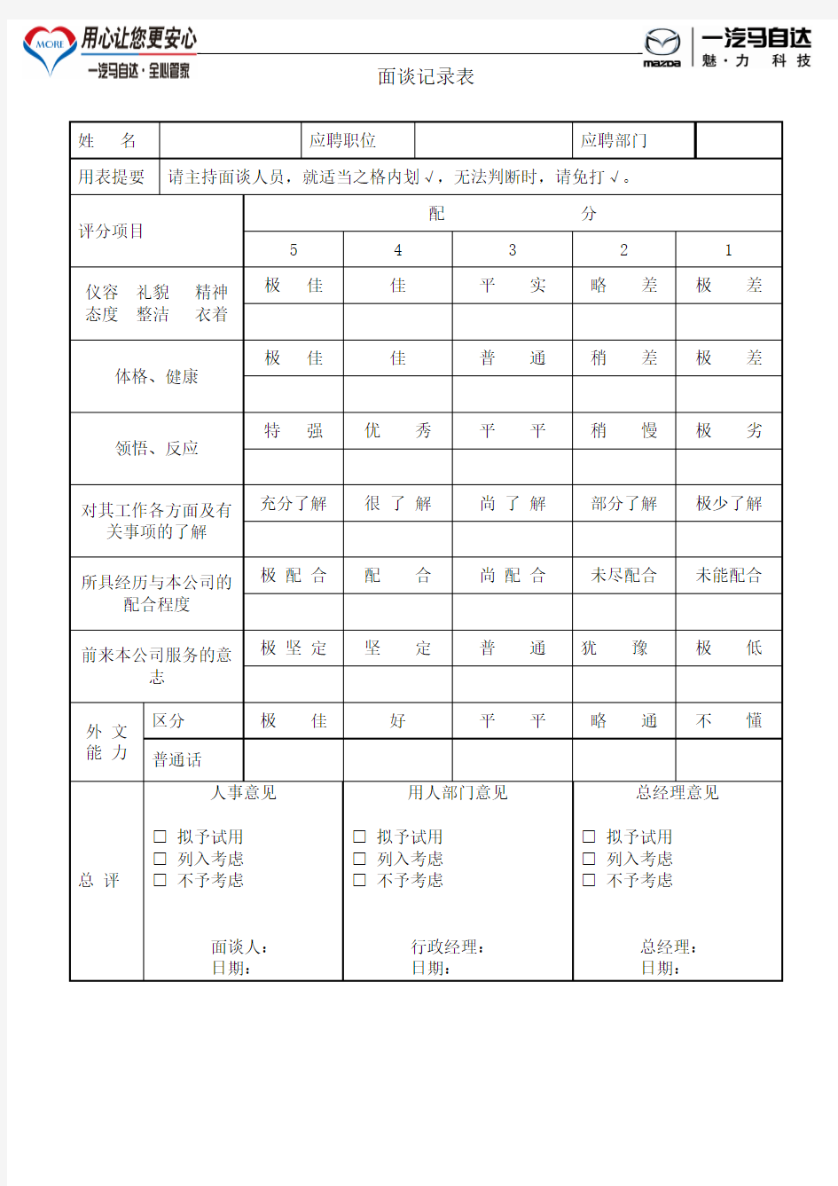 应聘人员面谈记录表(面试评估表)