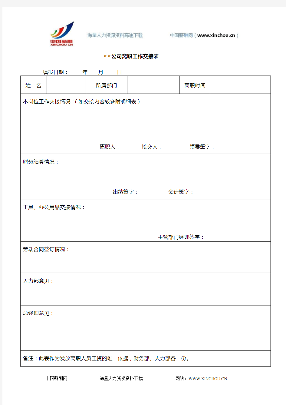 公司离职工作交接表