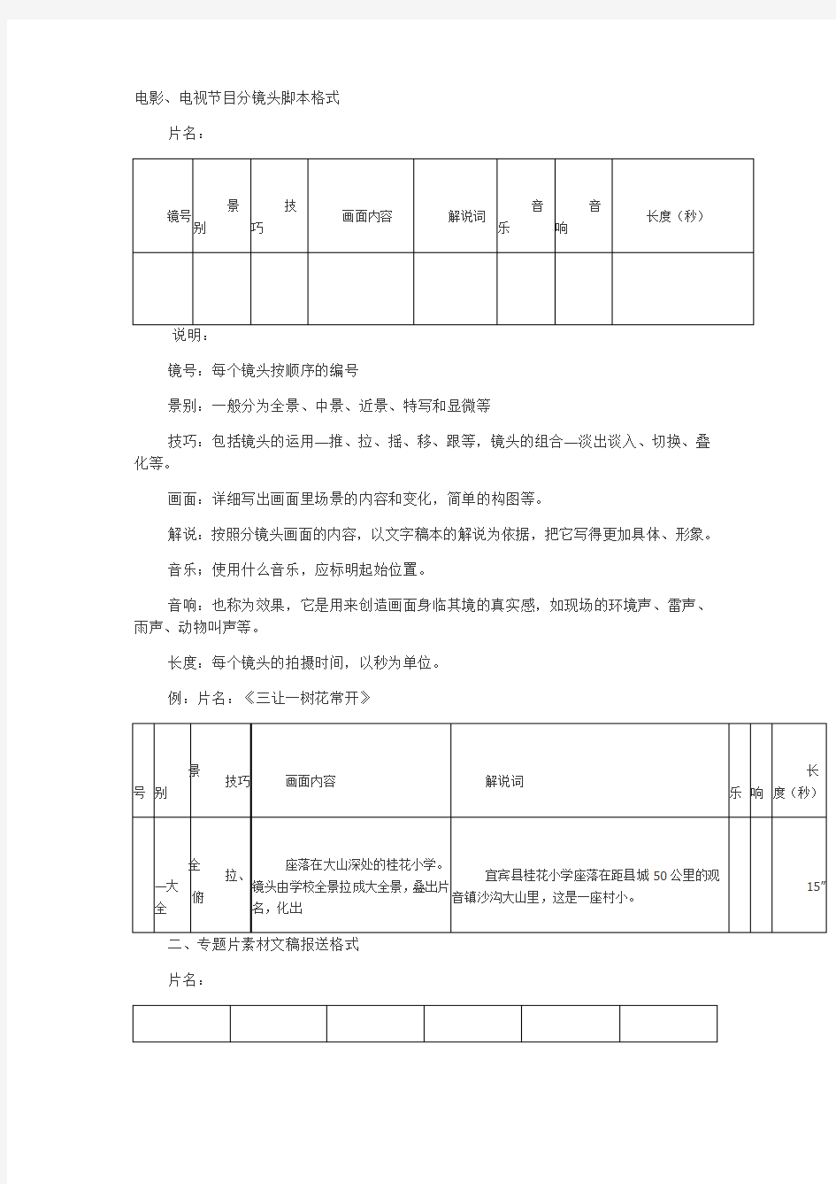 电影、电视分镜头脚本格式