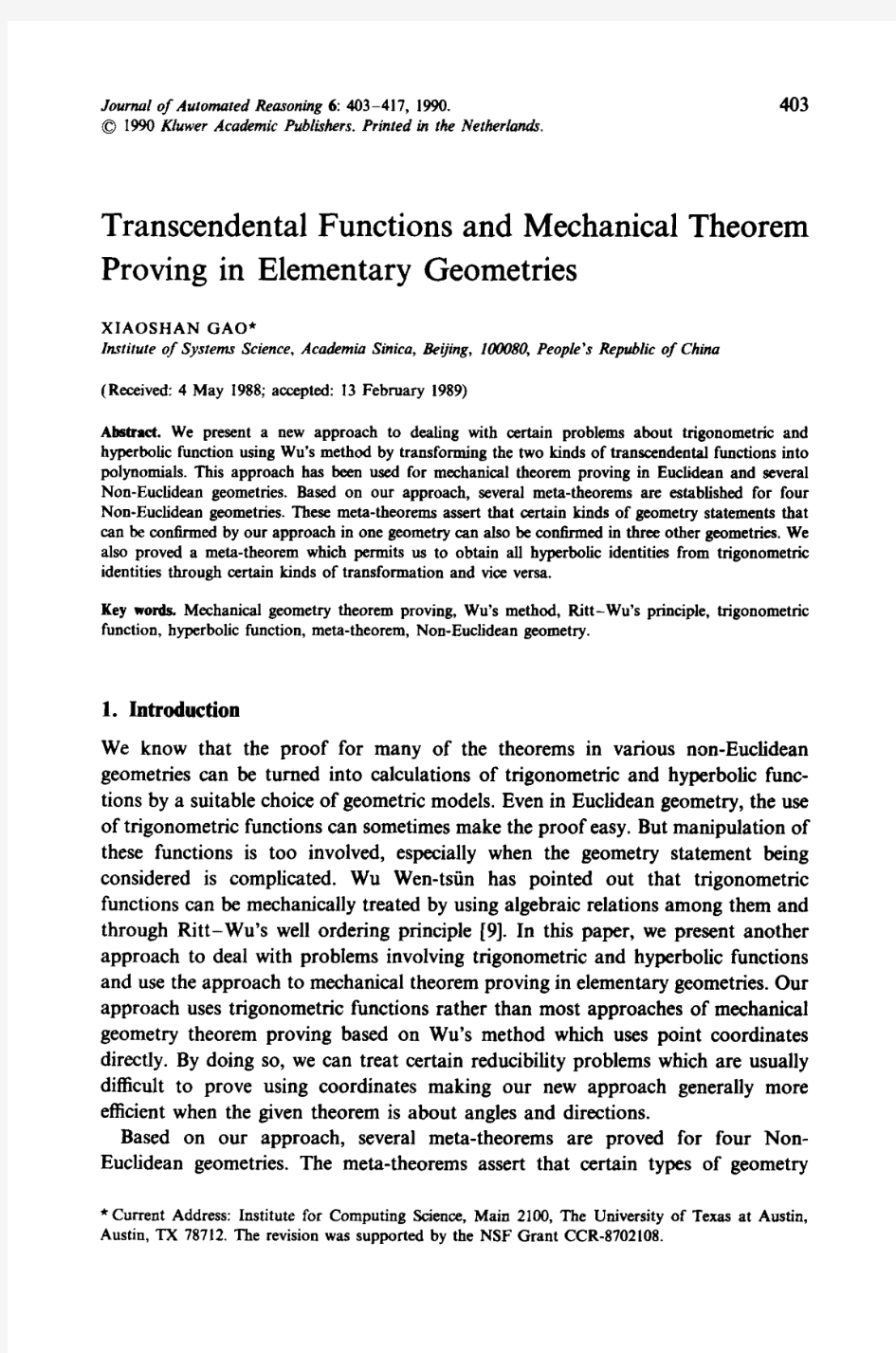 1990 - Transcendental functions and mechanical theorem proving in elementary geometries(JAR,1990)