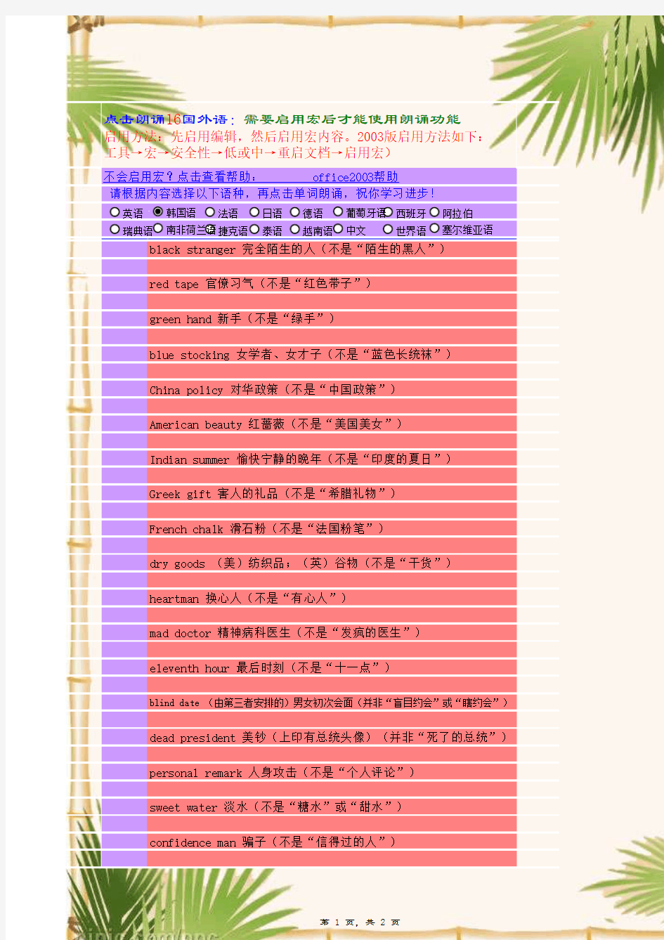 不能按字面意思翻译的英语惯用语