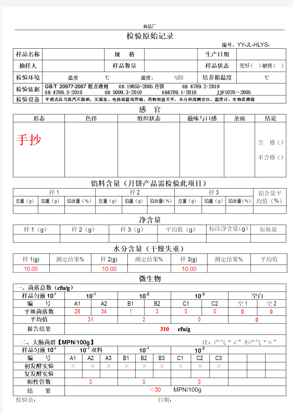 食品企业检验原始记录表