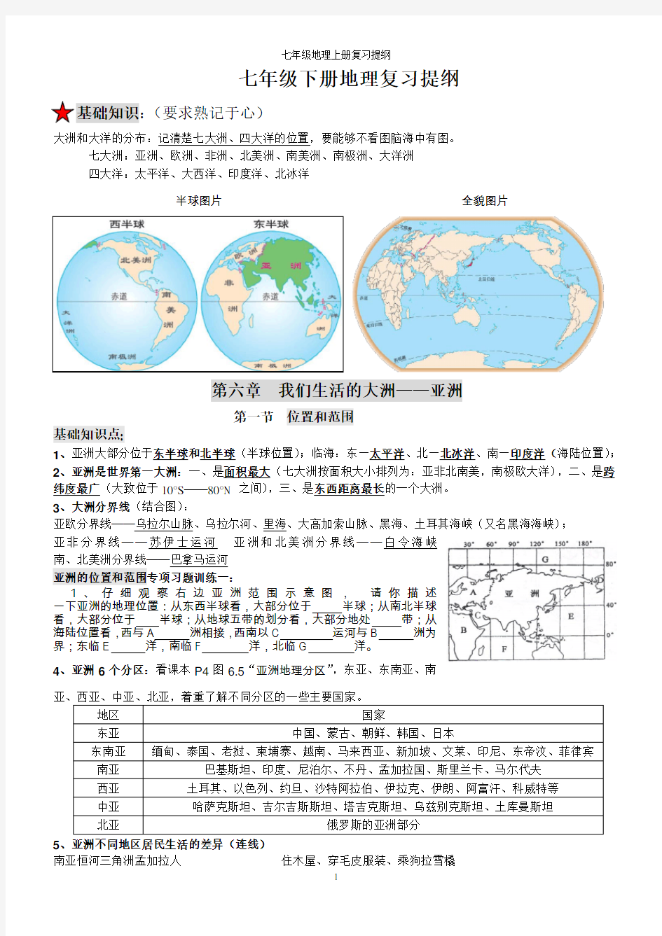 2014人教版七年级地理下册复习资料【免费】
