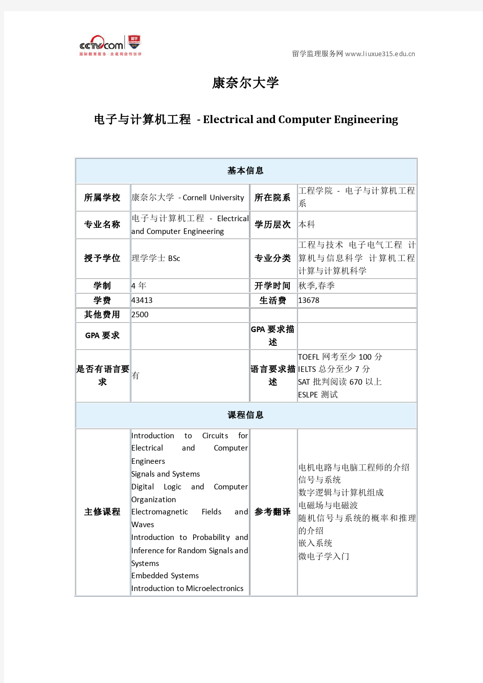 美国康奈尔大学电子与计算机工程专业