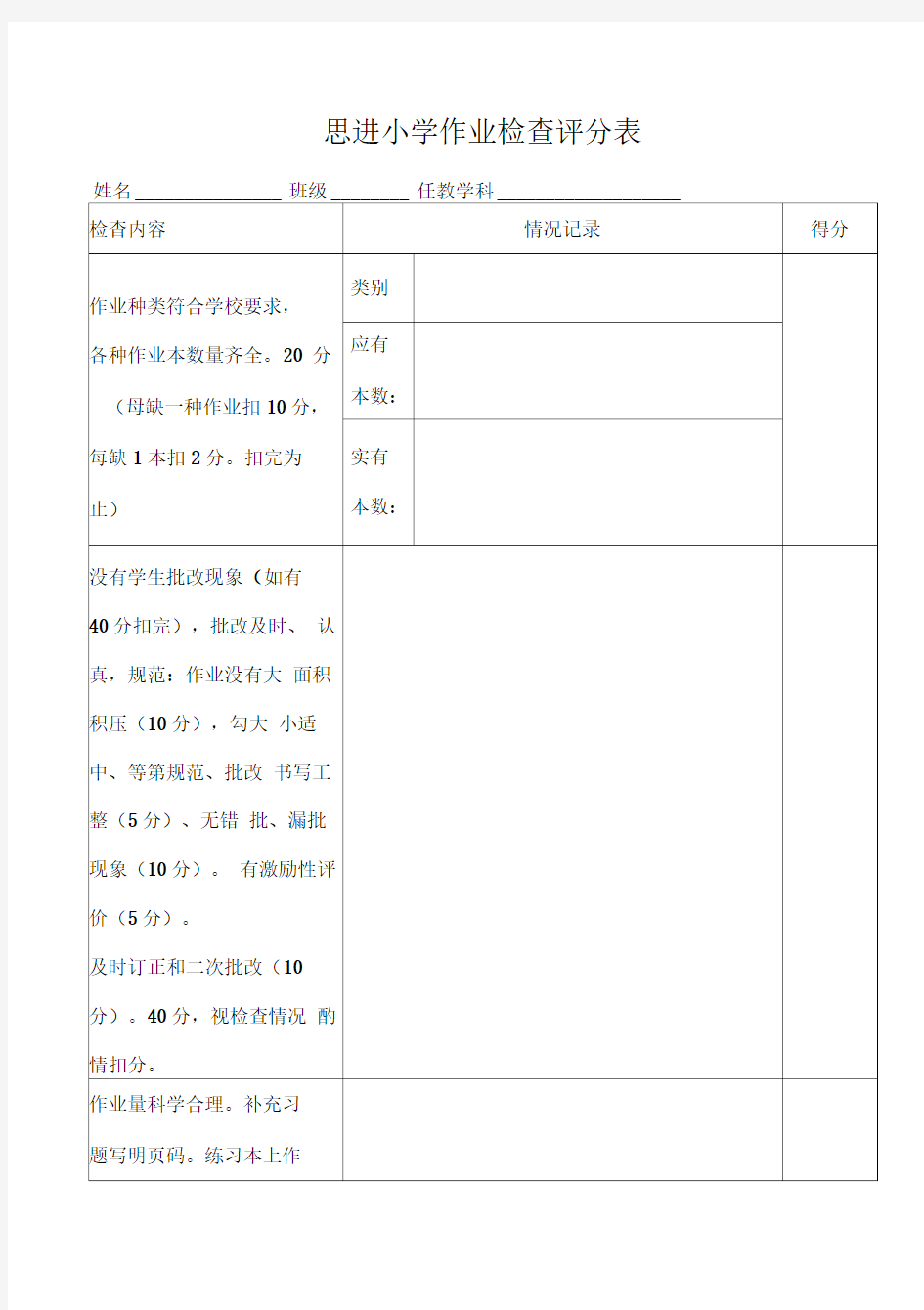 作业检查评分表