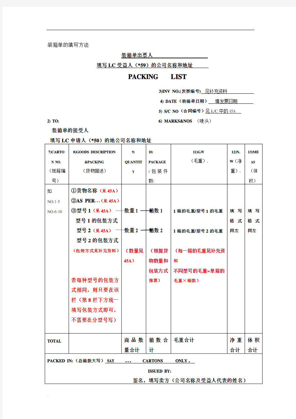 装箱单填写方法