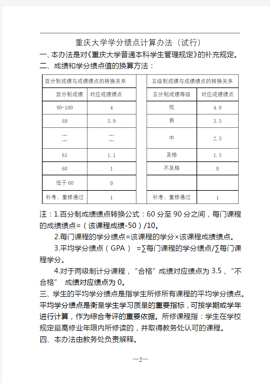 重庆大学学分绩点计算办法(试行)【模板】