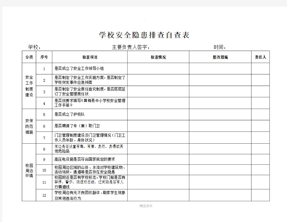 学校安全隐患排查表