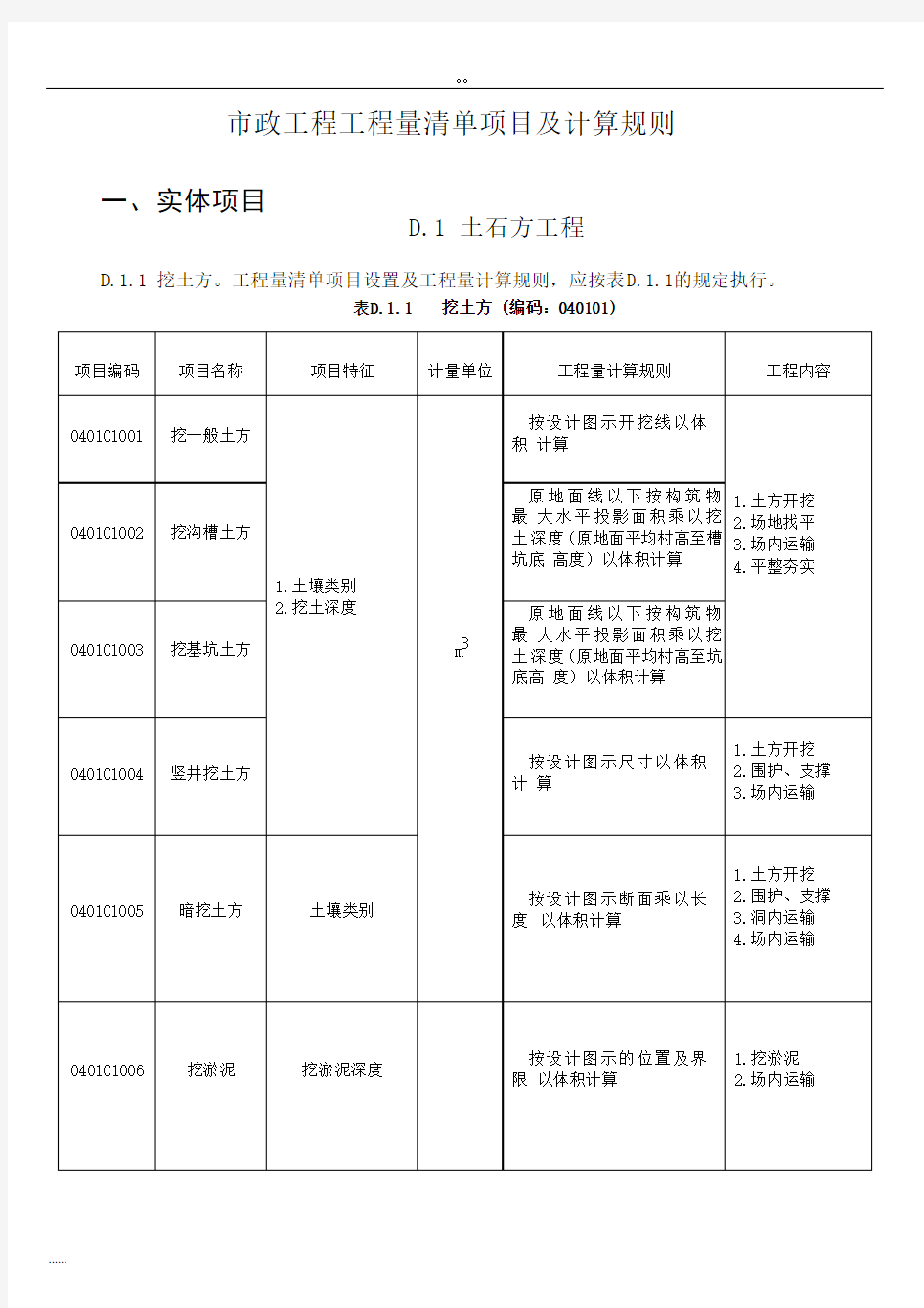 市政工程工程量清单项目及计算规则