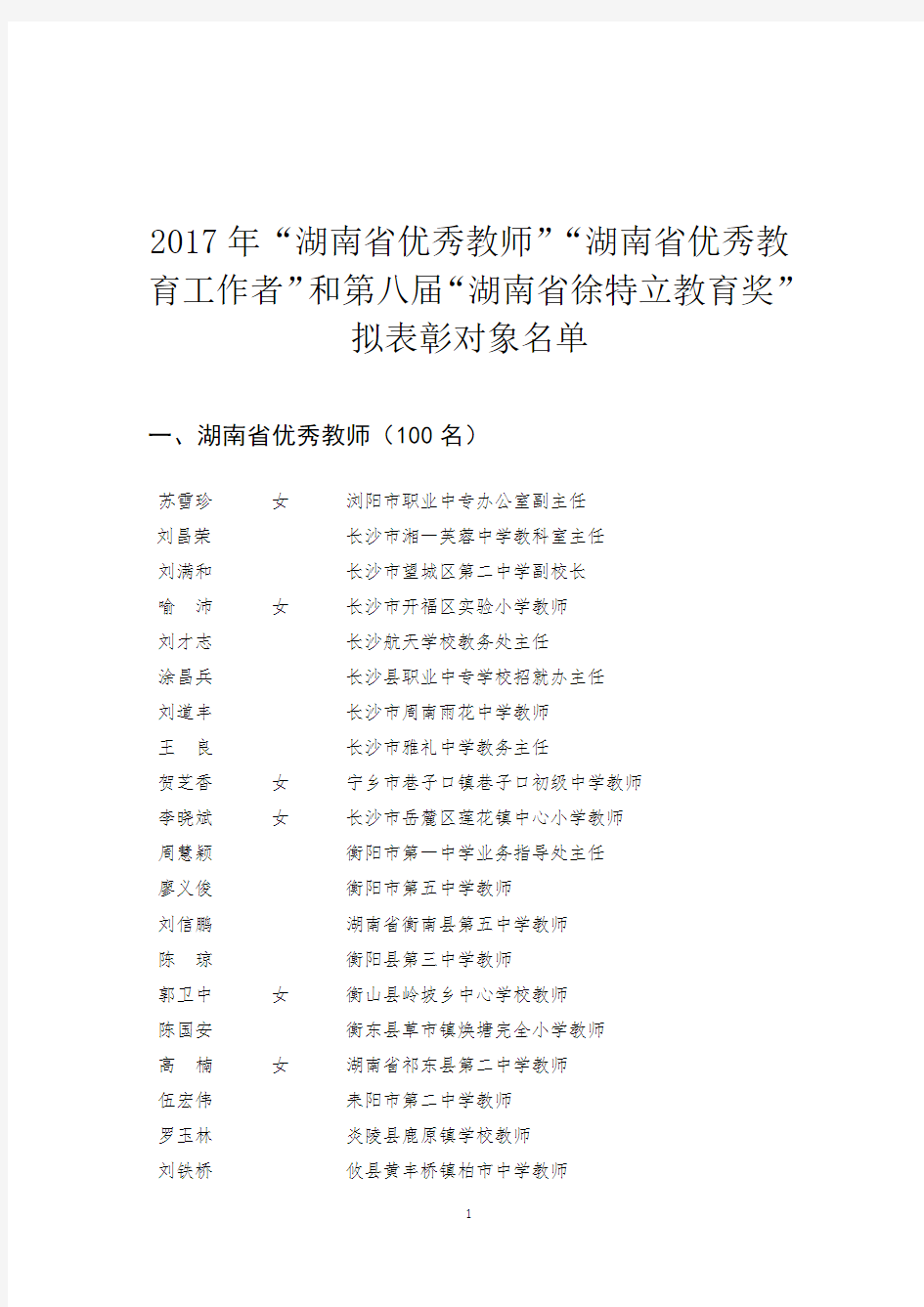 2017年湖南省优秀教师湖南省优秀教育工作者和第八