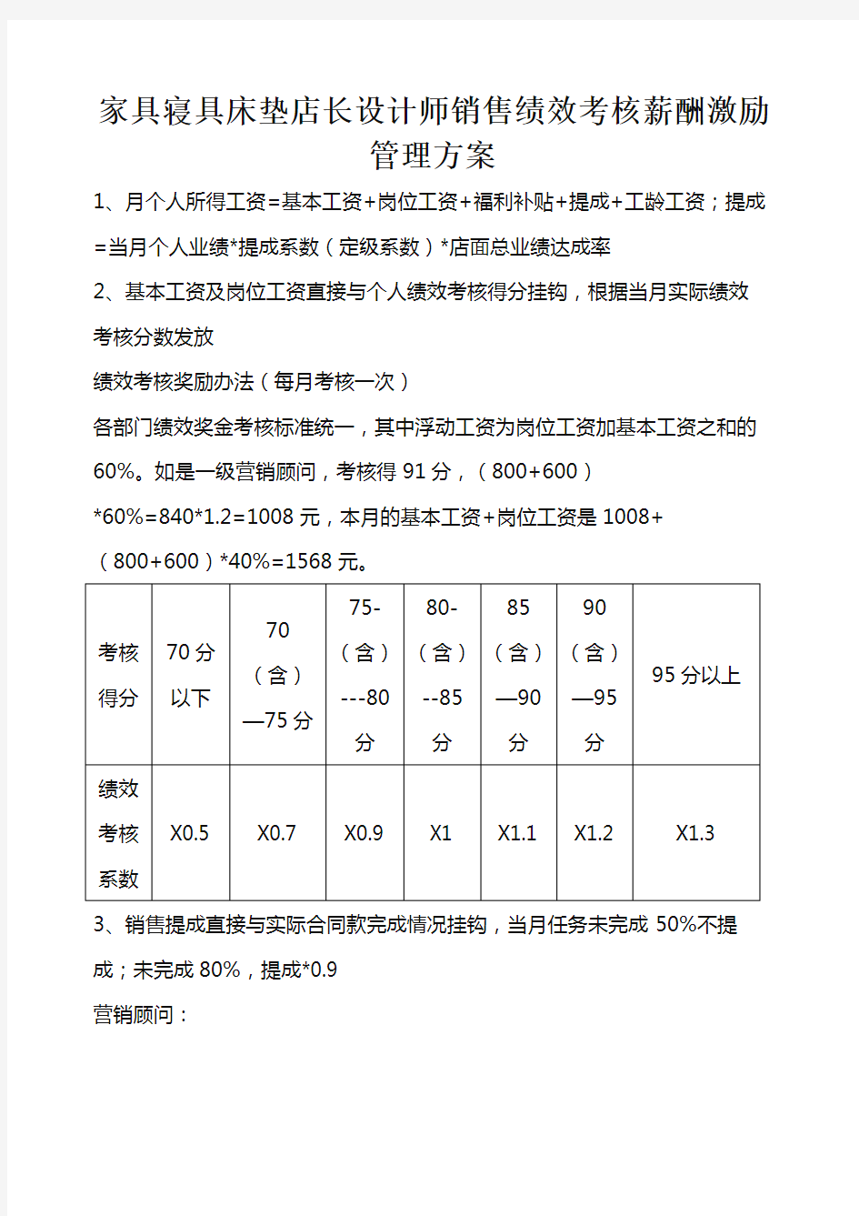 家具寝具床垫店长设计师销售绩效考核薪酬激励管理方案