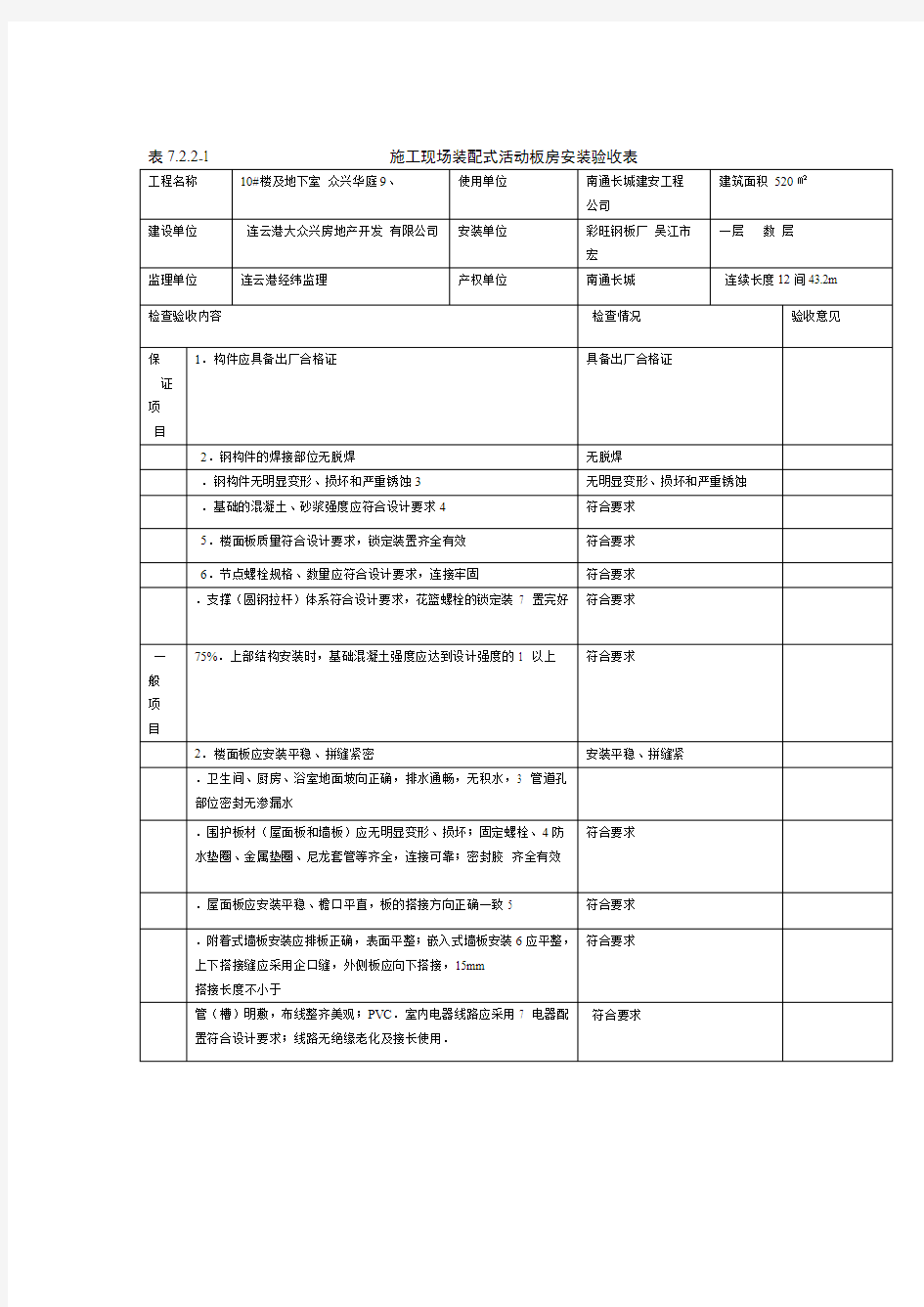 施工现场装配式活动板房安装验收表