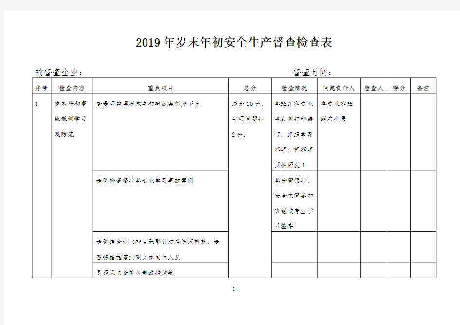 岁末年初安全生产督查检查表