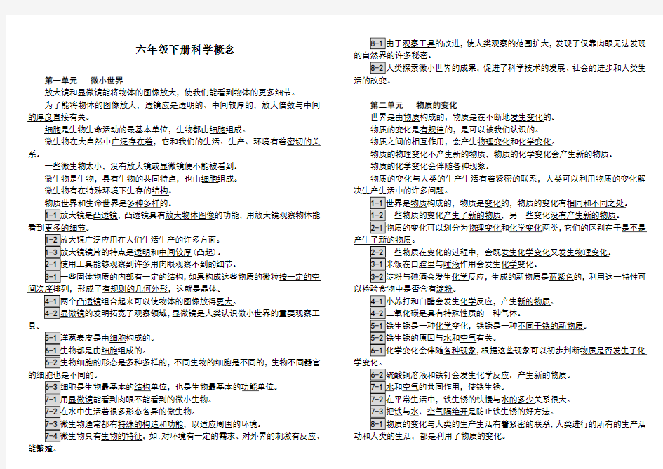 六年级下册科学概念