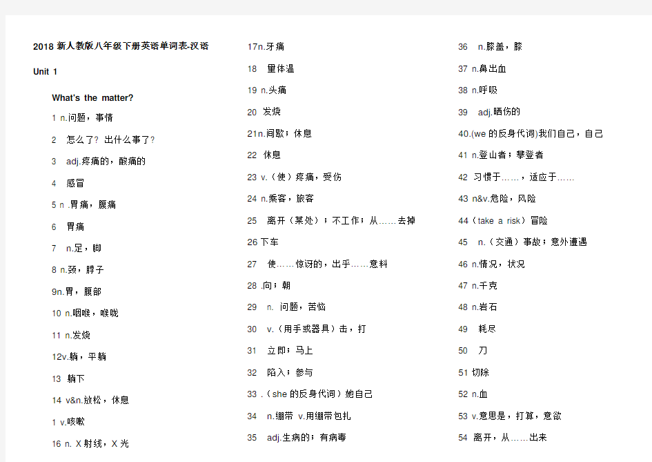 新人教版八年级下册英语单词表 汉语