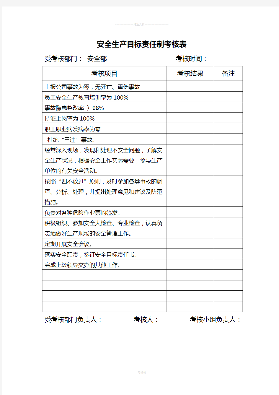 安全生产目标责任制考核表