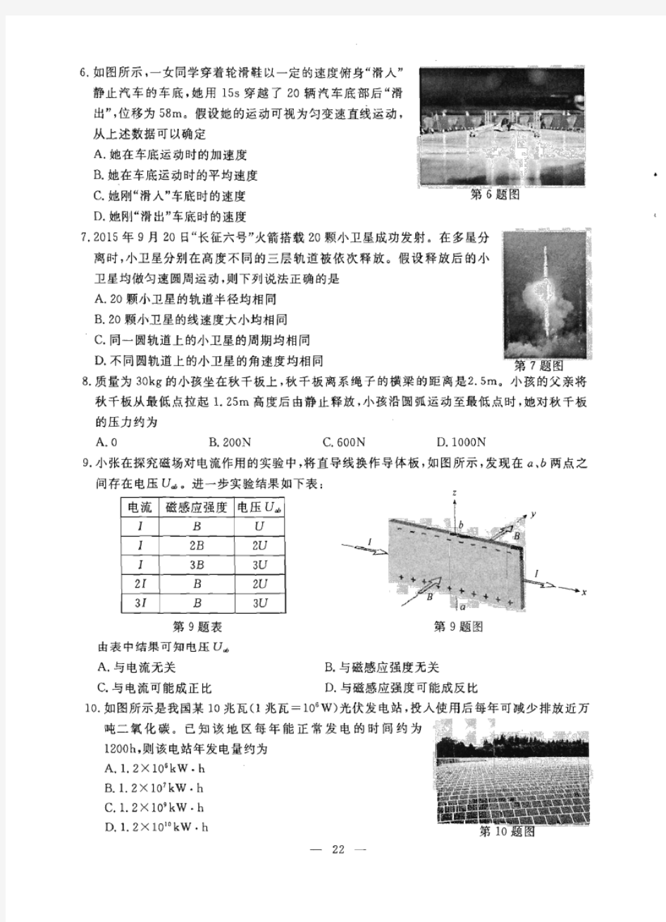 2015年10月浙江省物理选考(含学考)考试试题及参考答案
