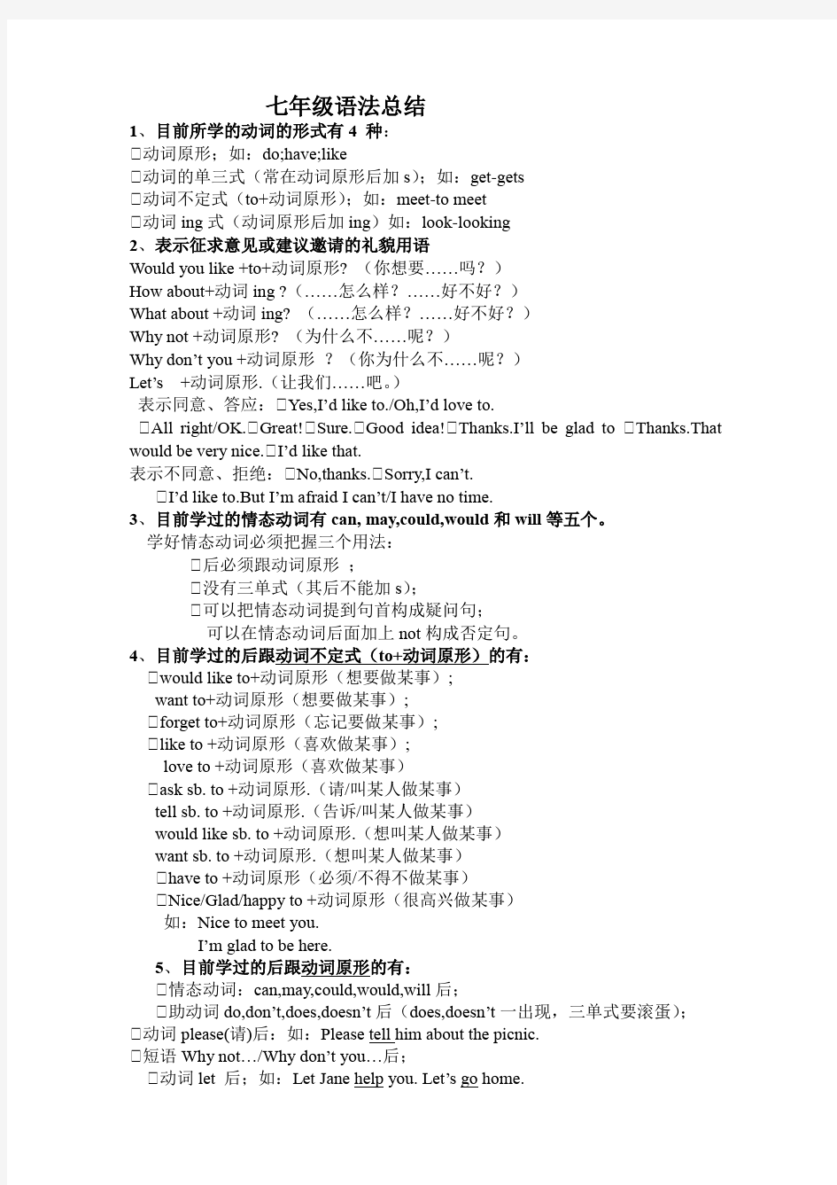 人教版七年级英语语法总结