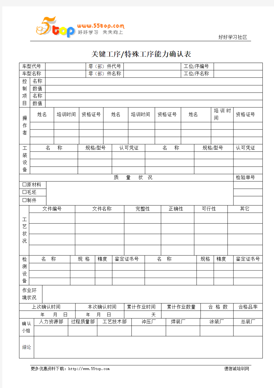 关键工序特殊工序能力确认表