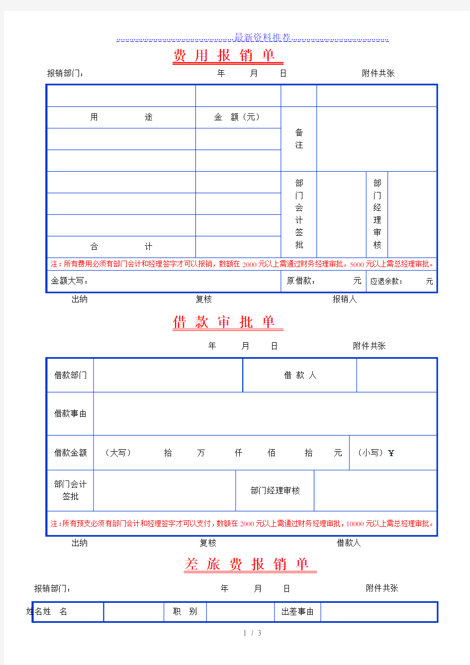 各费用报销单表格