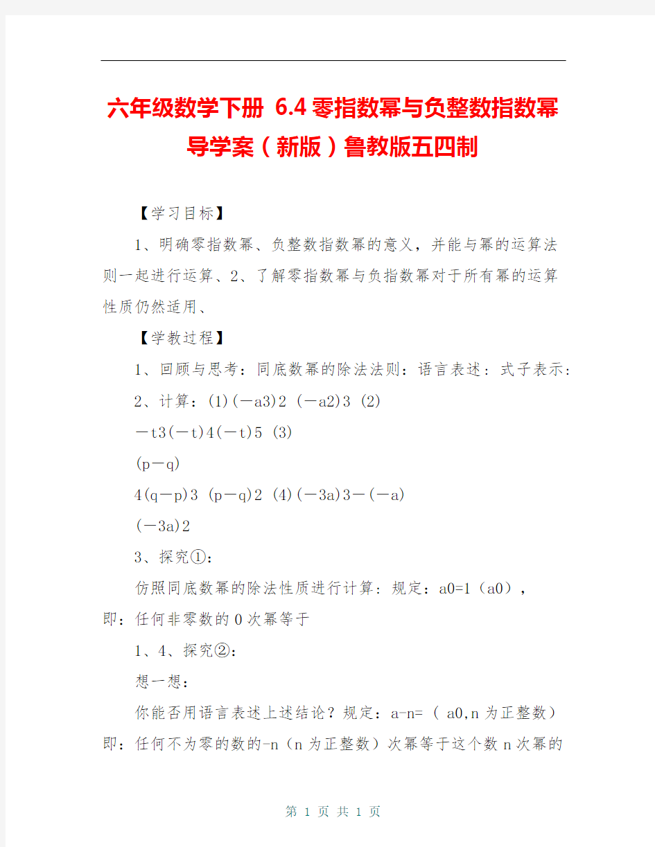 六年级数学下册 6.4 零指数幂与负整数指数幂导学案(新版)鲁教版五四制