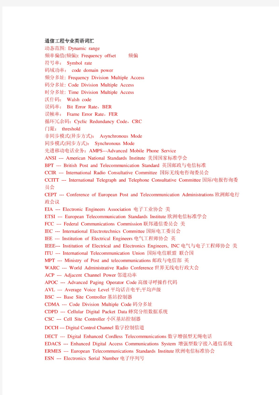 通信工程专业英语词汇