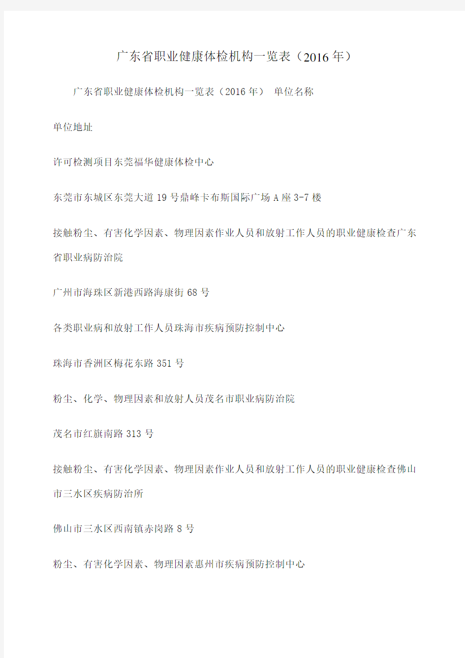 广东省职业健康体检机构一览表 
