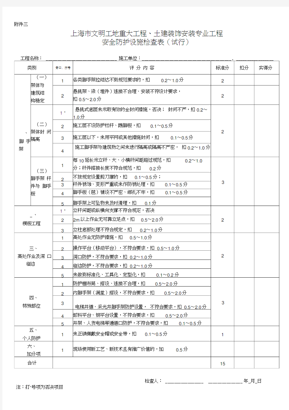 上海市文明工地检查评分表(新版)