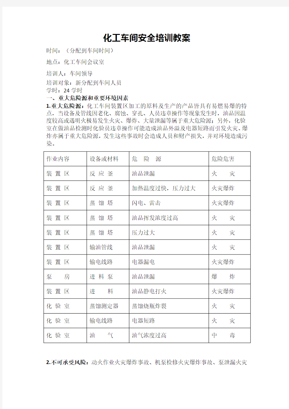 化工厂化工车间安全培训教案