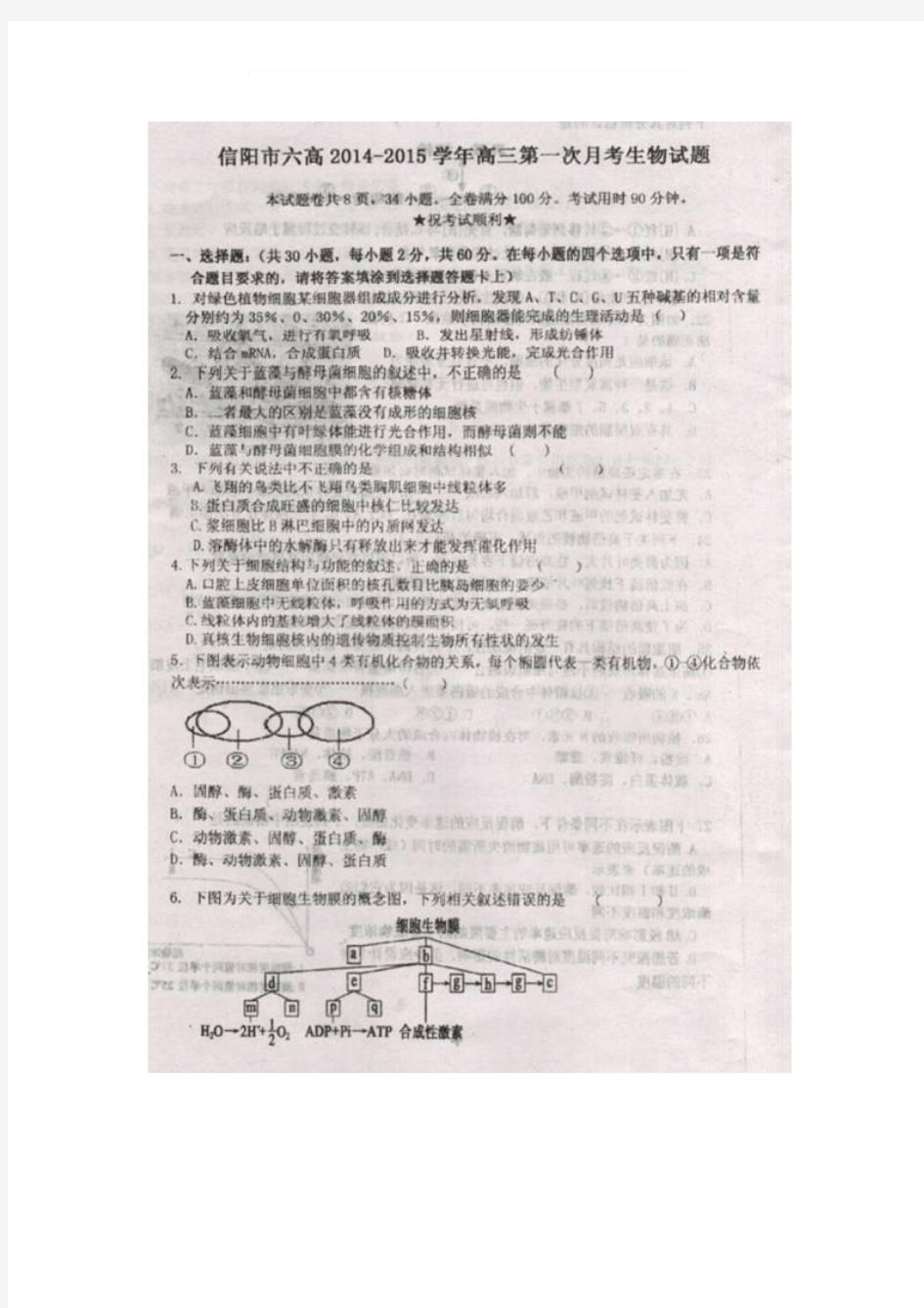 河南省信阳市第六高级中学2015届高三上学期第一次月考生物试题(扫描版)