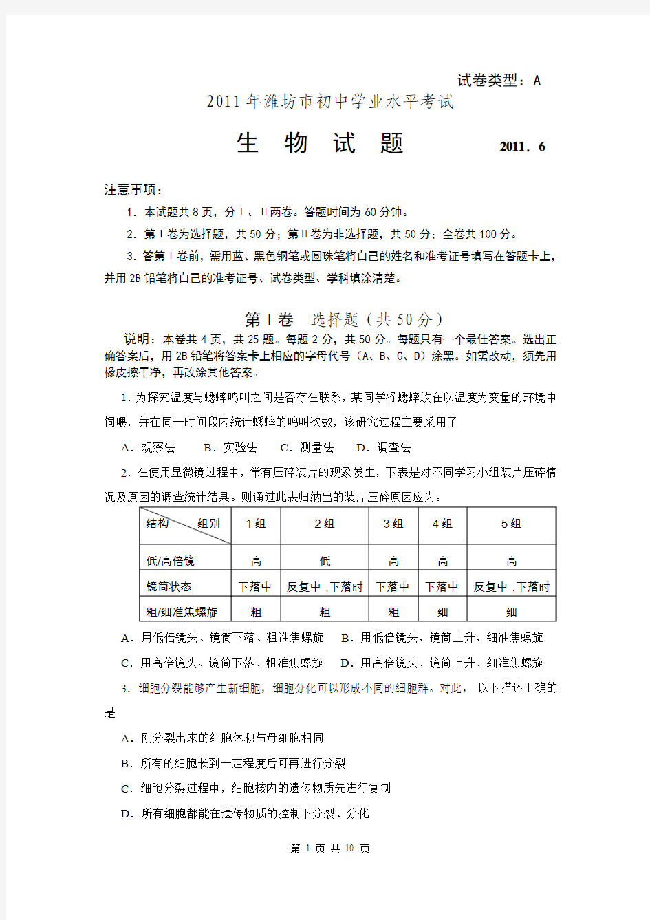 2011年潍坊市初中学业水平考试生物试题