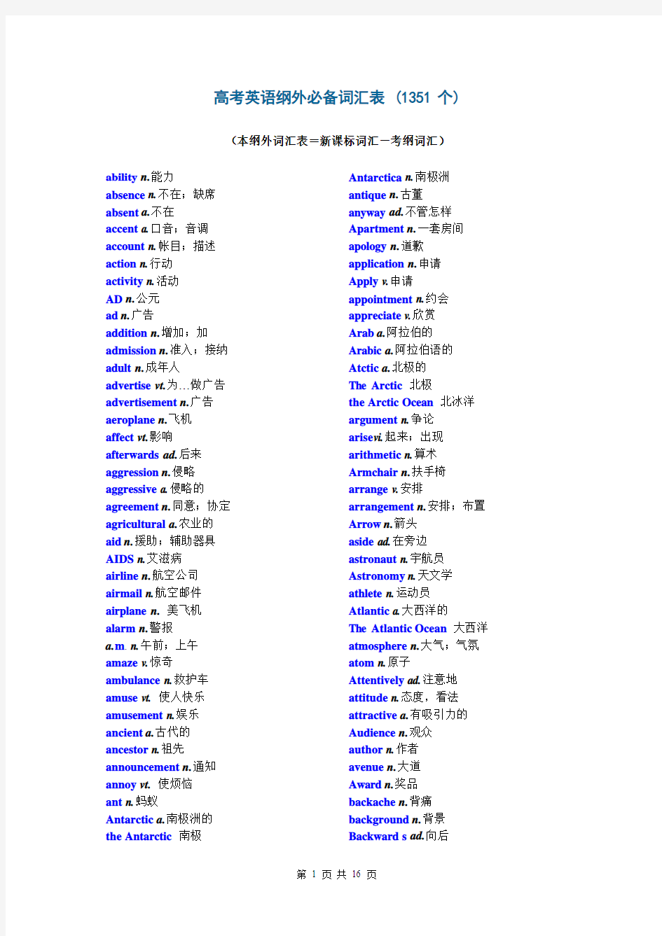 高考英语纲外必备词汇表 (1351个)