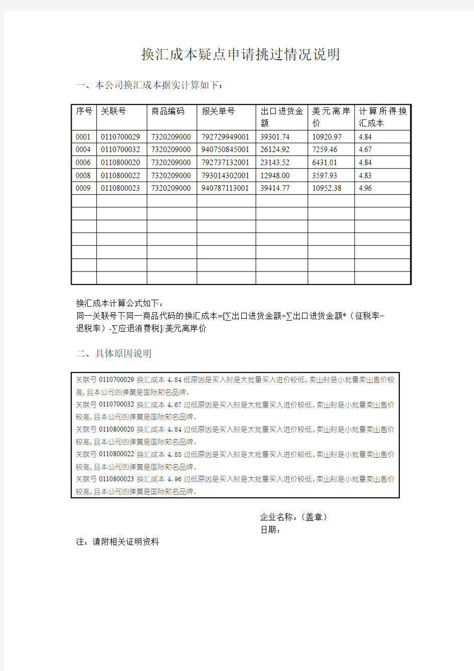 换汇成本疑点申请挑过情况说明