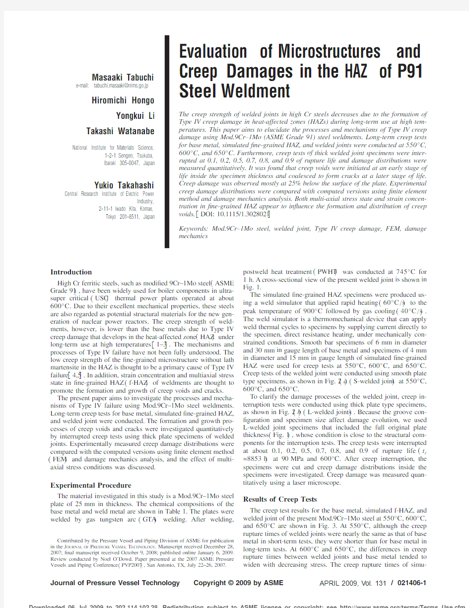 Evaluation of Microstructures and Creep Damages in the HAZ of P91 Steel Weldment,2009,131(2)