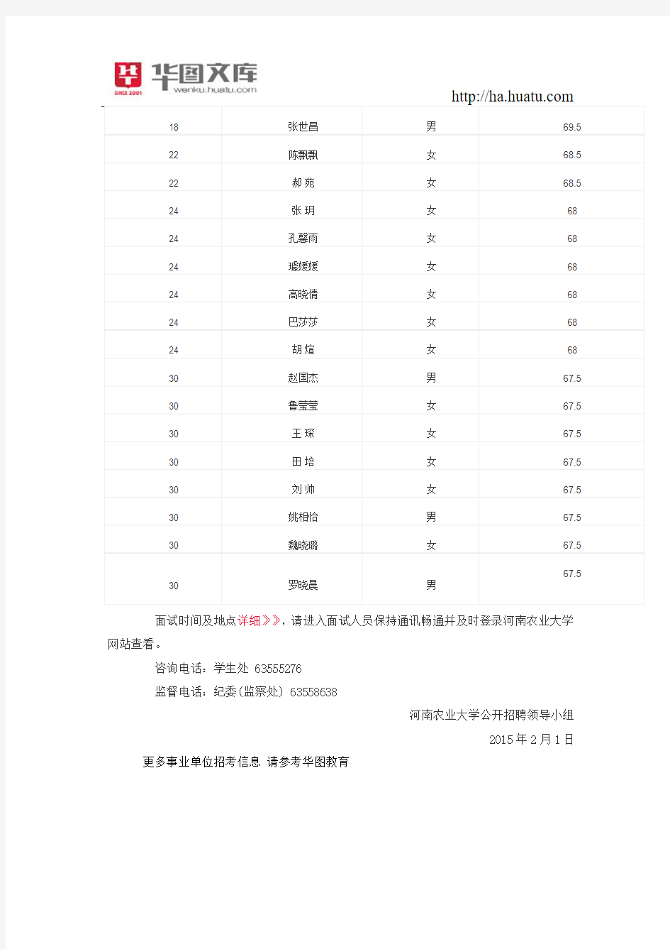 2014河南农业大学招聘辅导员面试名单及笔试成绩公示