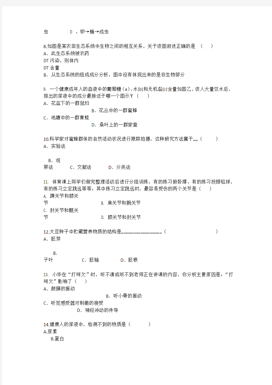 深圳初中生物考点考前冲刺每日一练(2014.2.26)