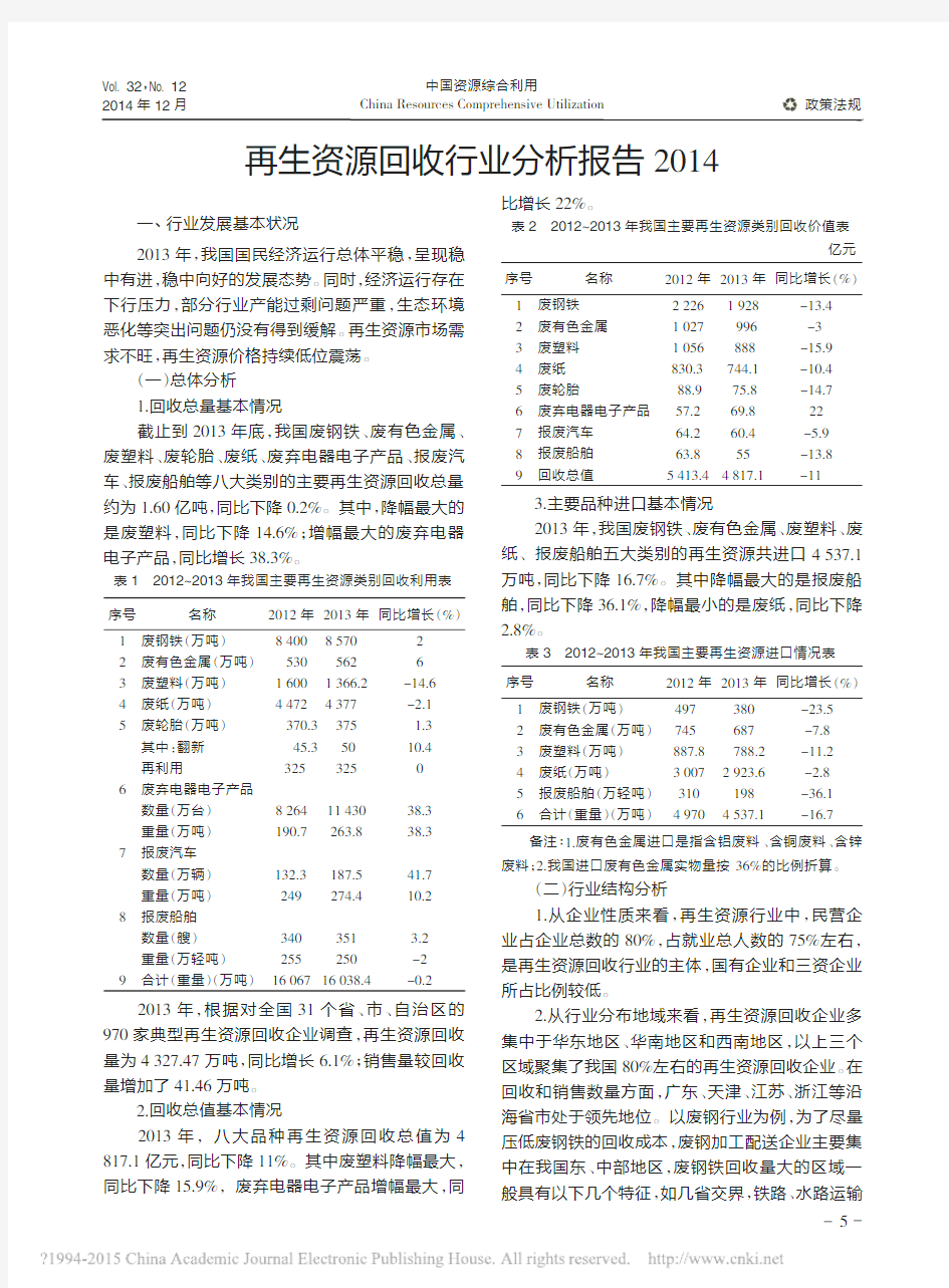 再生资源回收行业分析报告2014