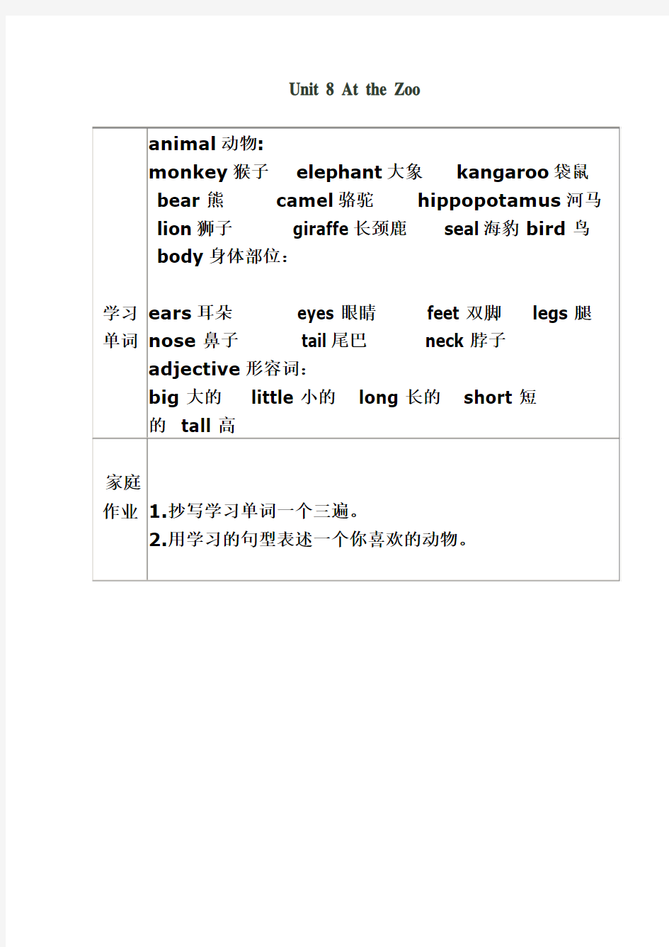 朗文新派少儿英语基础级第8单元知识点